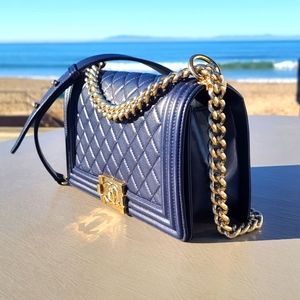 ** SOLD **Chanel Le Boy Quilted Bag 💛 Bright Gold and Navy Blue 💙 Medium Size.